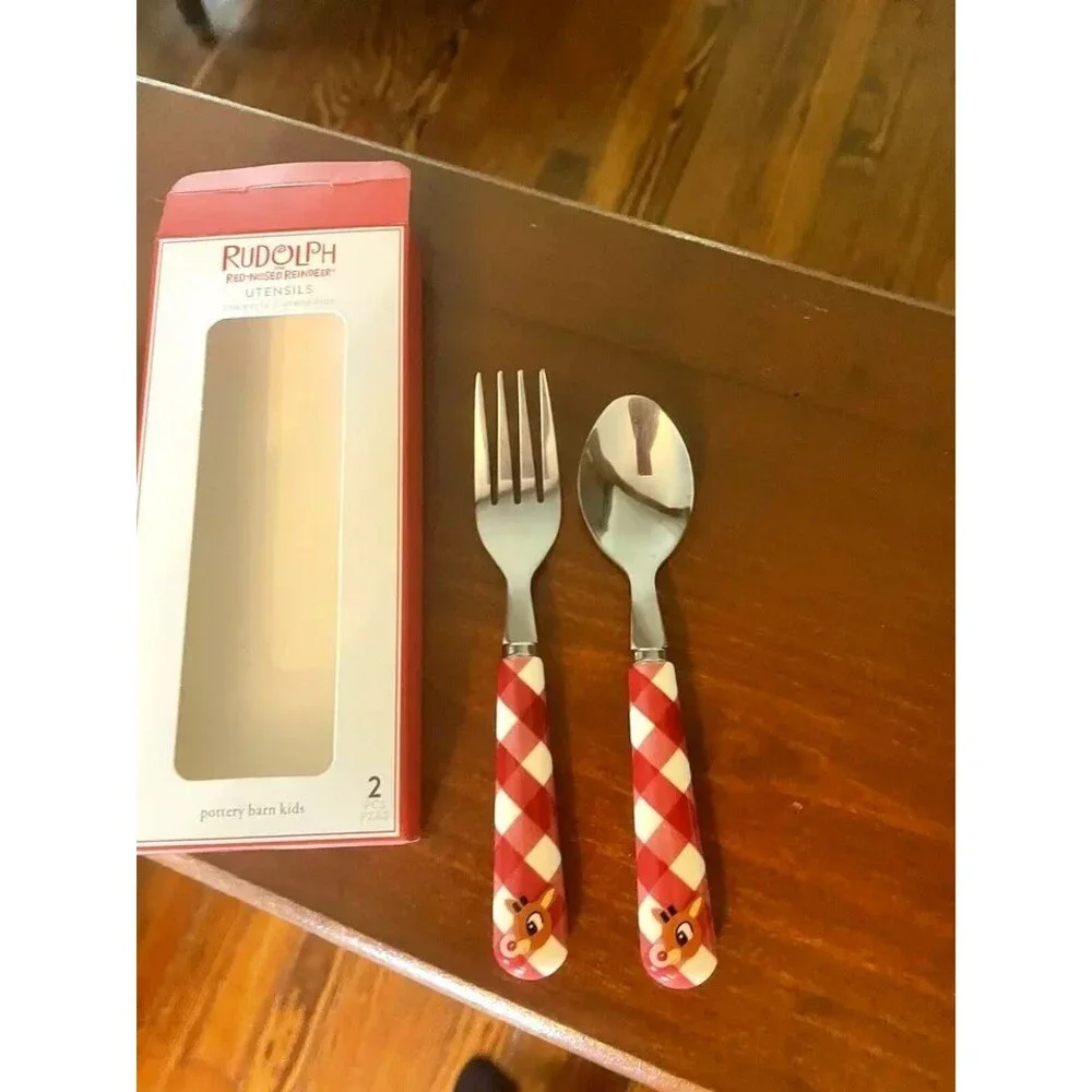 Pottery Barn Rudolph holiday Santa Christmas UTENSIL Plaid party School kid SET